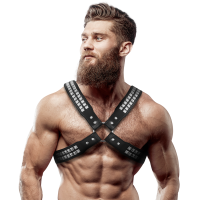 FETISH SUBMISSIVE ATTITUDE™ - MEN'S CROSSED CHEST ECO-LEATHER HARNESS WITH RIVETS