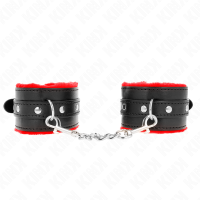 Белезници KINK - PREMIUM FUR LINED WRIST RESTRAINTS RED WITH BLACK BELT ADJUSTABLE 17-29 CM X 6 CM