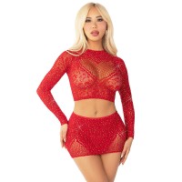 Бельо LEG AVENUE - SHINY NET CROP + MINI SKIRT RED