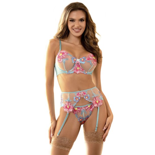 Бельо SUBBLIME - 954109 BRA + PANTIES WITH GARTER BELT FLORAL DESIGN BLUE S/M