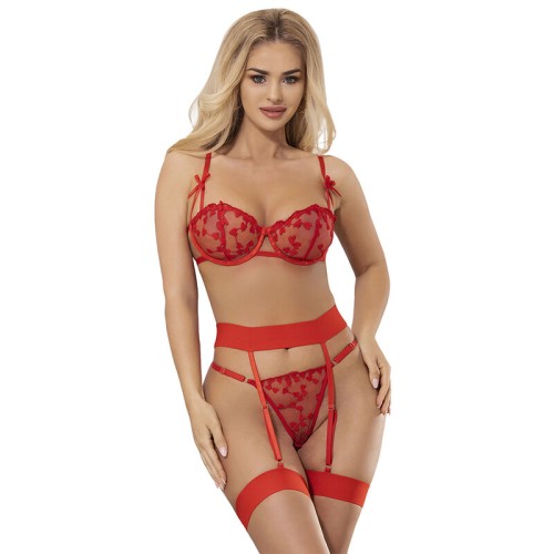 Бельо SUBBLIME - 954321 HEART PRINT BRA + THONG + GARTER BELT RED S/M