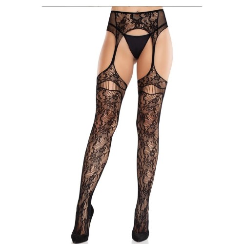 Секси чорапи LEG AVENUE - LACE STOCKINGS WITH GARTERS BLACK