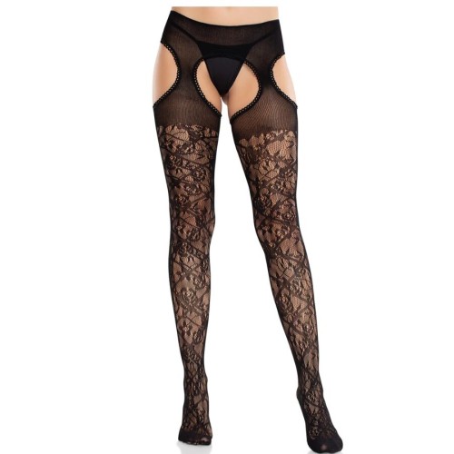Секси чорапи LEG AVENUE - FLORAL LACE STOCKINGS WITH GARTERS UNITED BLACK