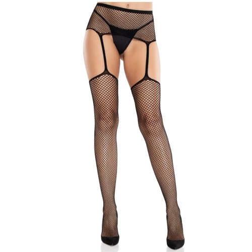 Секси чорапи LEG AVENUE - LACE STOCKINGS WITH CROSS AND GARTER BELT BLACK
