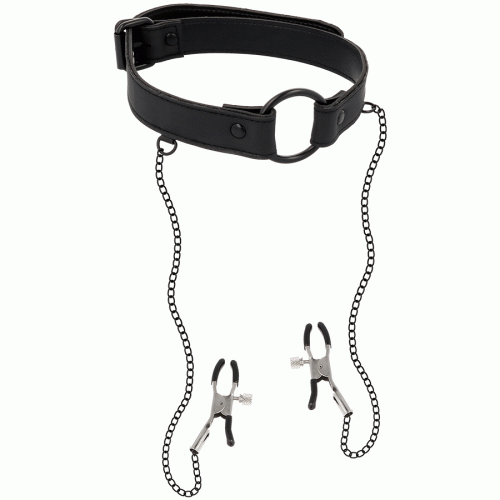 FETISH SUBMISSIVE COLLAR WITH NIPPLE CLAMPS
