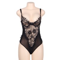 Секси боди SUBBLIME QUEEN PLUS FLORAL LACE AND FRINGED BLACK TEDDY