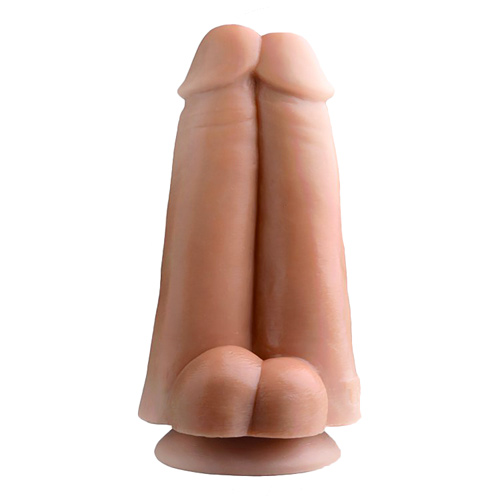 Дилдо двоен пенис с тестиси в телесен цвят със залепваща се основа 20см.